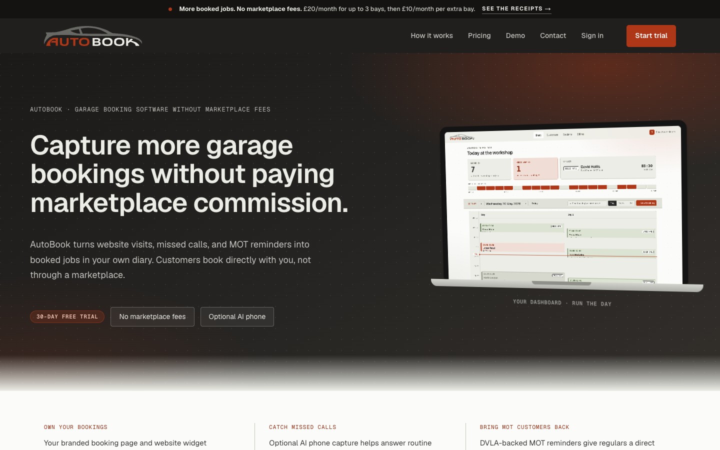AutoBook homepage with dark workshop palette, copper-orange accents, and a laptop showing the garage diary