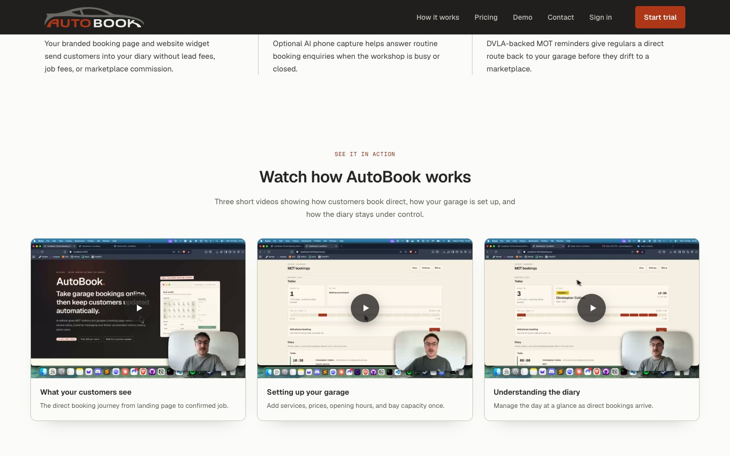 AutoBook product features section with three columns 'Own your bookings', 'Catch missed calls', and 'Bring MOT customers back', plus three video tutorials underneath