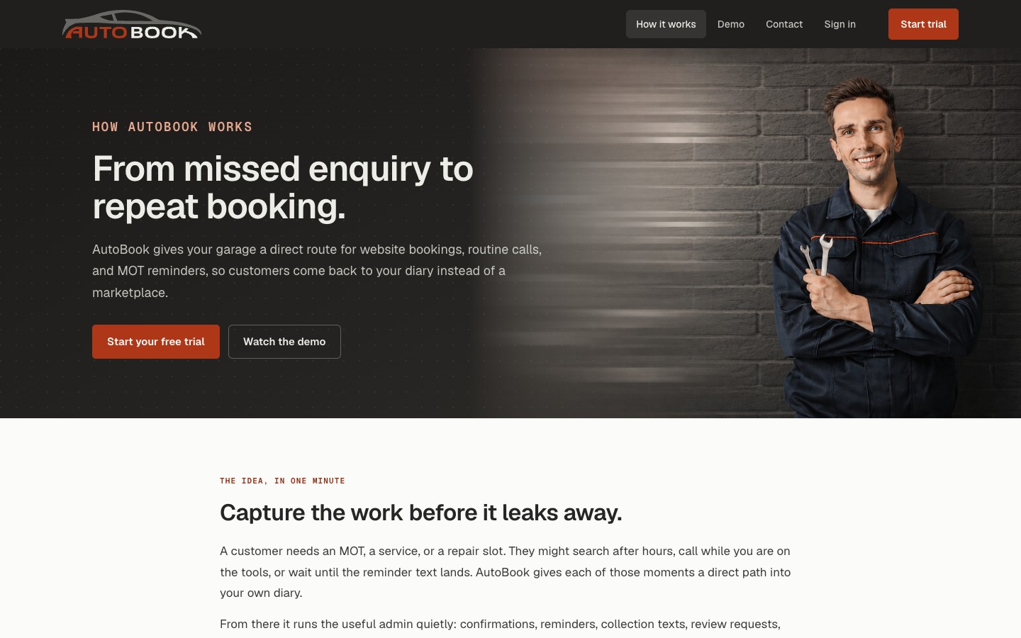 AutoBook how it works hero with the headline 'From missed enquiry to repeat booking' next to a portrait of a mechanic in front of a brick workshop wall