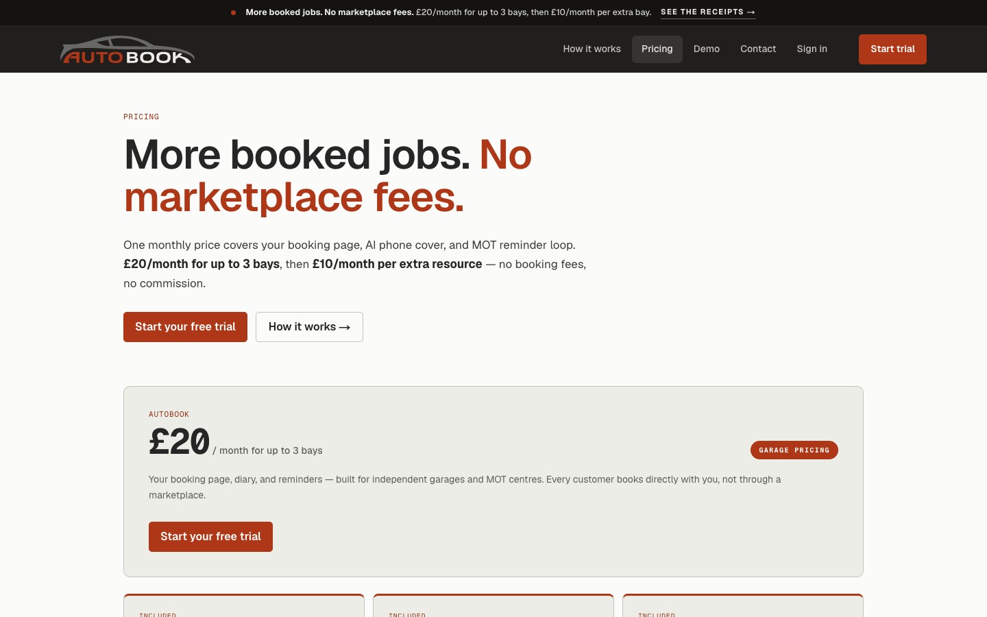 AutoBook pricing page with the headline 'More booked jobs. No marketplace fees.' and a pricing card explaining the flat monthly price