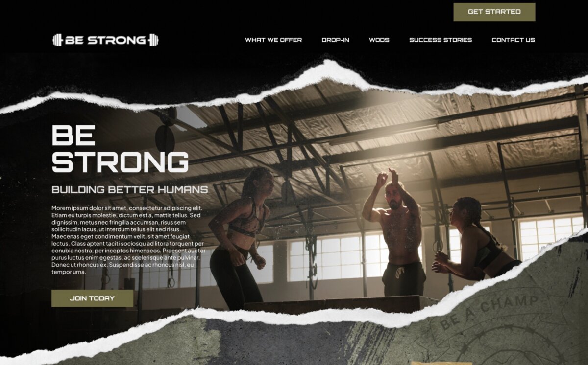 Be Strong gym website with bold typography and ripped paper textures