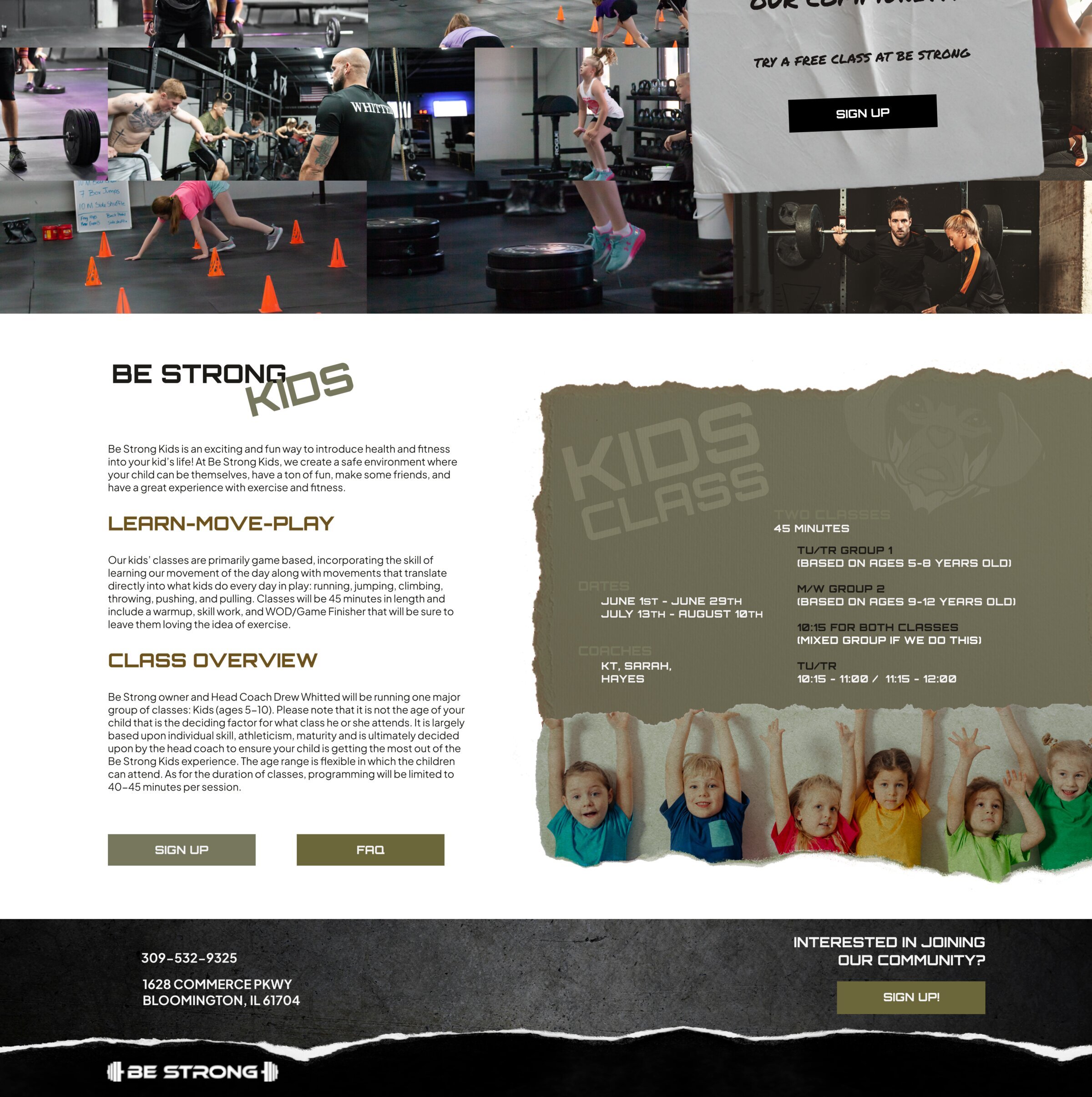 Be Strong community sign-up section, footer with contact details, and transition into the Be Strong Kids programme pages