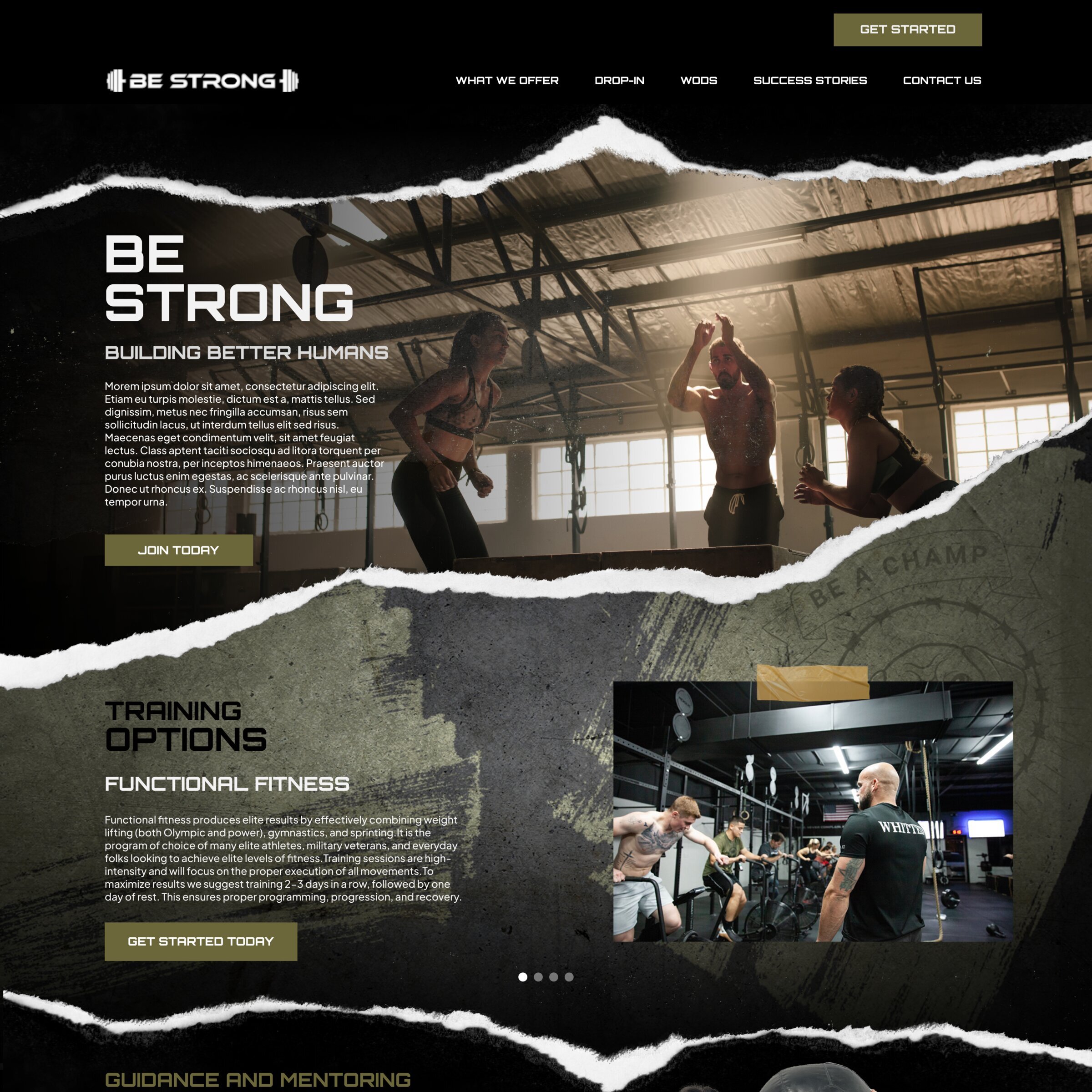 Be Strong homepage — dark navigation bar, ripped paper edges, 'Building Better Humans' headline over CrossFit gym photography, and training options section