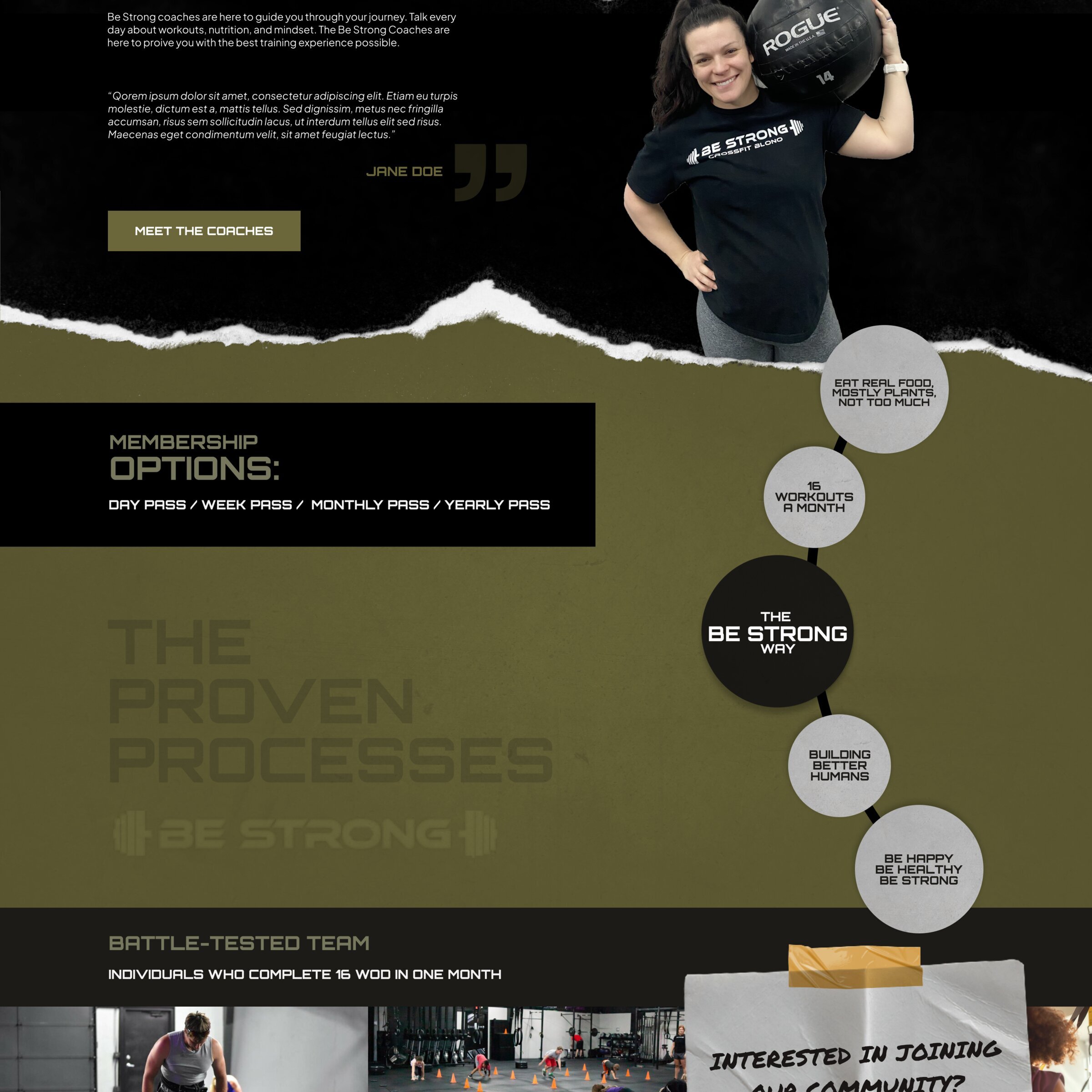 Be Strong guidance and mentoring section with coach testimonial, membership options, and The Proven Processes brand diagram