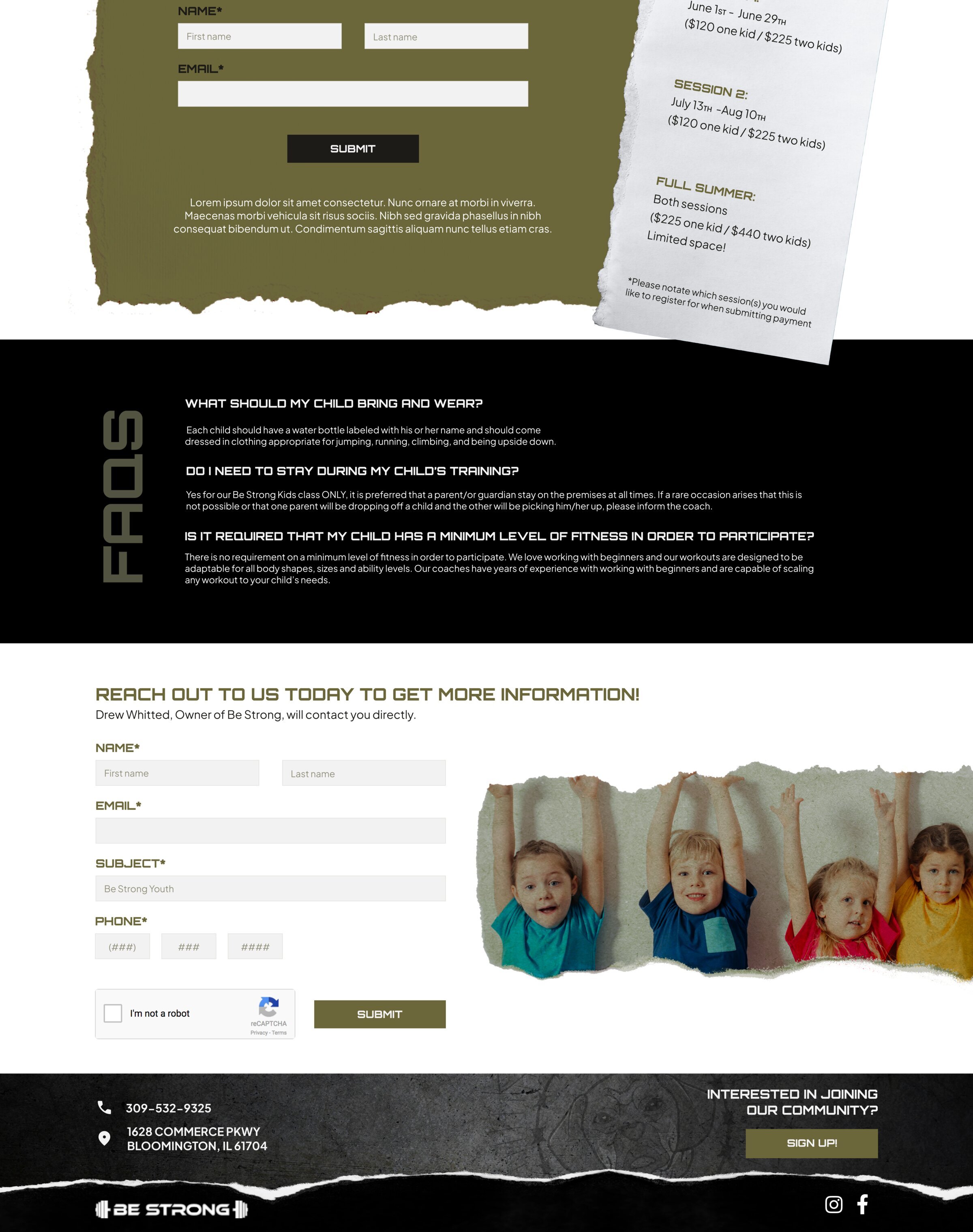 Be Strong Kids FAQs section, contact form, and site footer with community sign-up