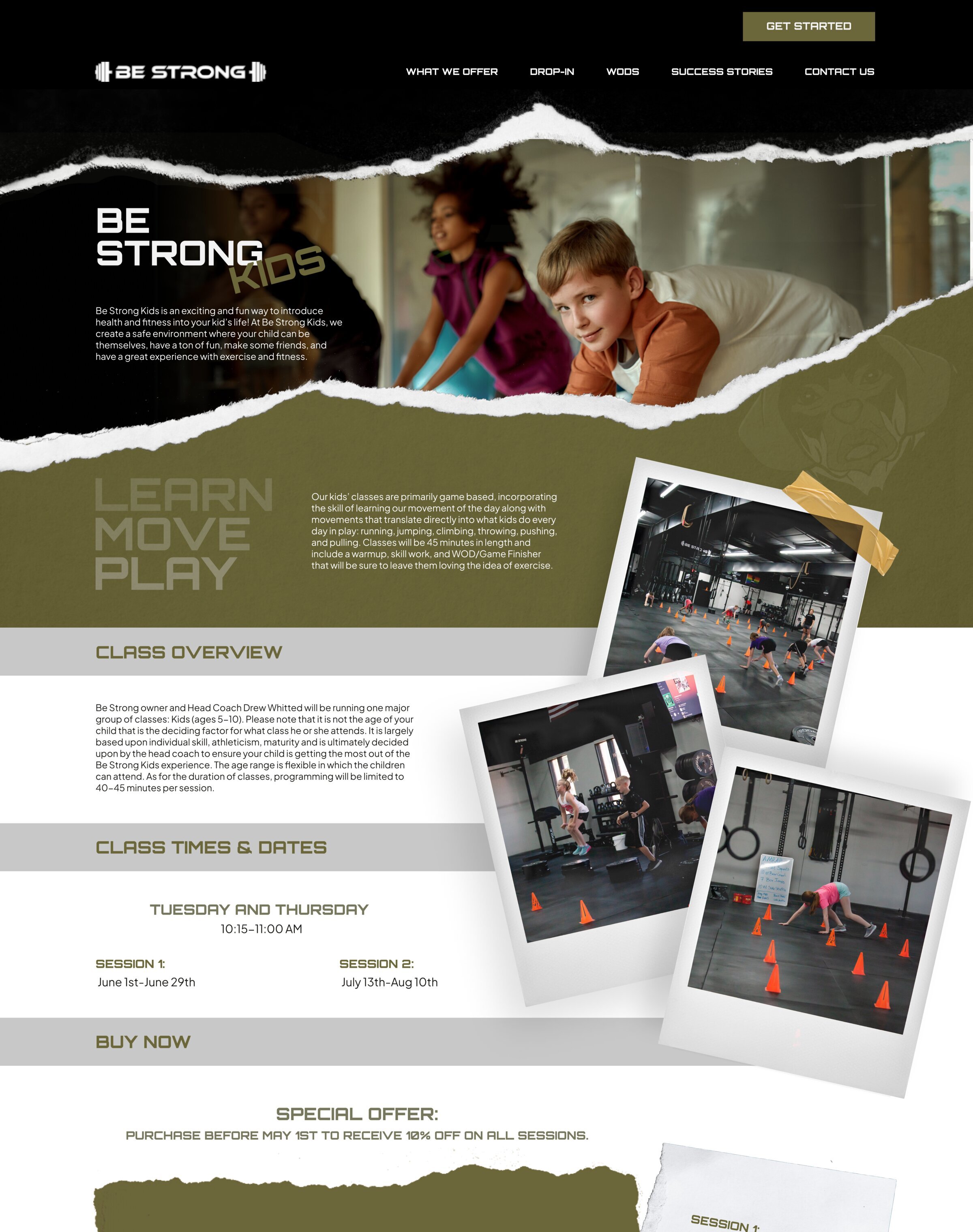 Be Strong Kids programme — hero with children, Learn Move Play headline, class overview with polaroid-style activity photos, and session schedule