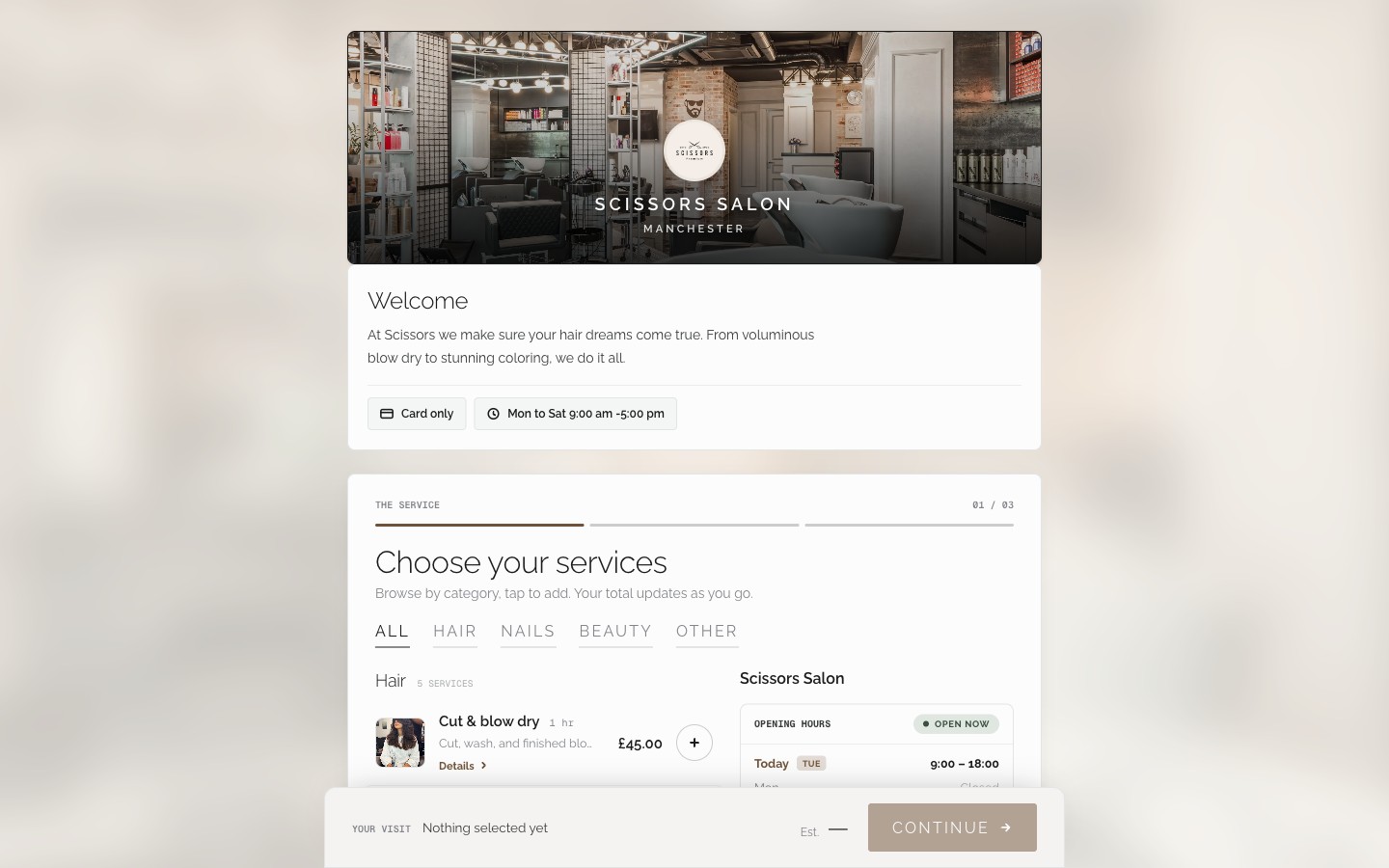 A live ClipBook booking page for a Manchester salon, with a photographic hero, a service picker grouped by hair, nails, and beauty, and opening hours beside a running total