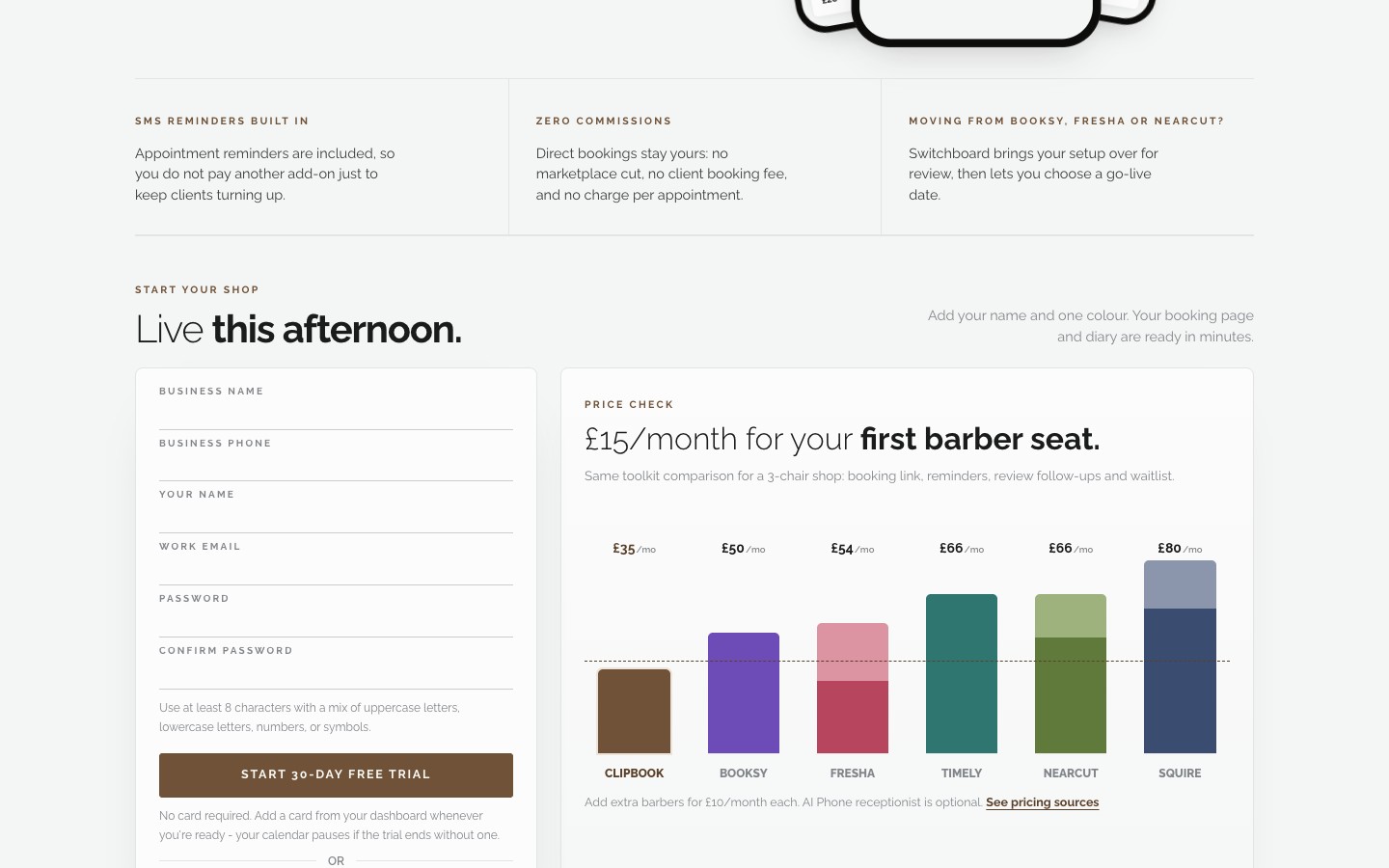 ClipBook 'Live this afternoon' onboarding card next to a bar chart comparing the monthly cost of a three-chair shop across ClipBook, Booksy, Fresha, Timely, Nearcut, and Squire