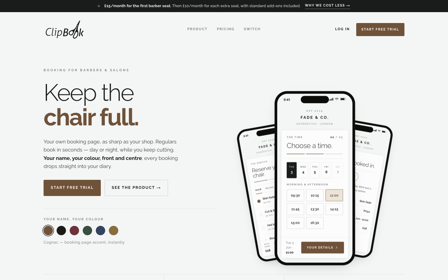 ClipBook homepage with three phone mockups showing the booking flow and a row of brand colour swatches