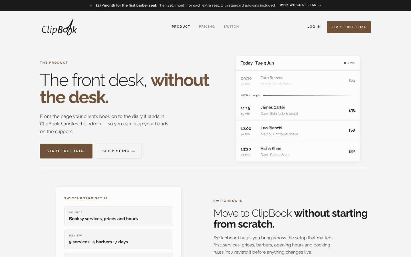ClipBook product page with the headline 'The front desk, without the desk' next to a live diary view showing today's bookings with prices and stylist assignments