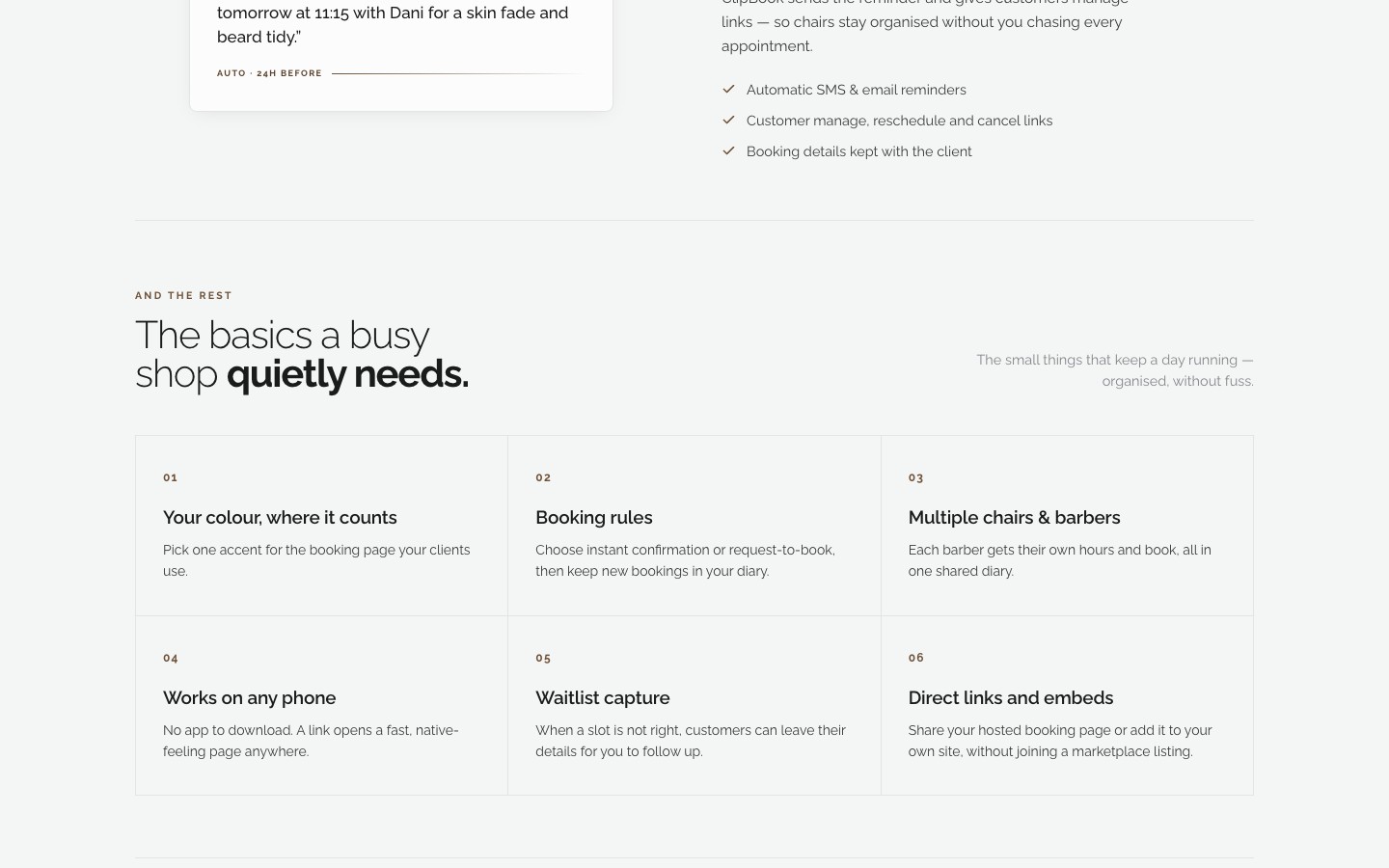 ClipBook Switchboard onboarding flow showing imported services, barbers, and the move from Booksy, alongside the headline 'Move to ClipBook without starting from scratch'
