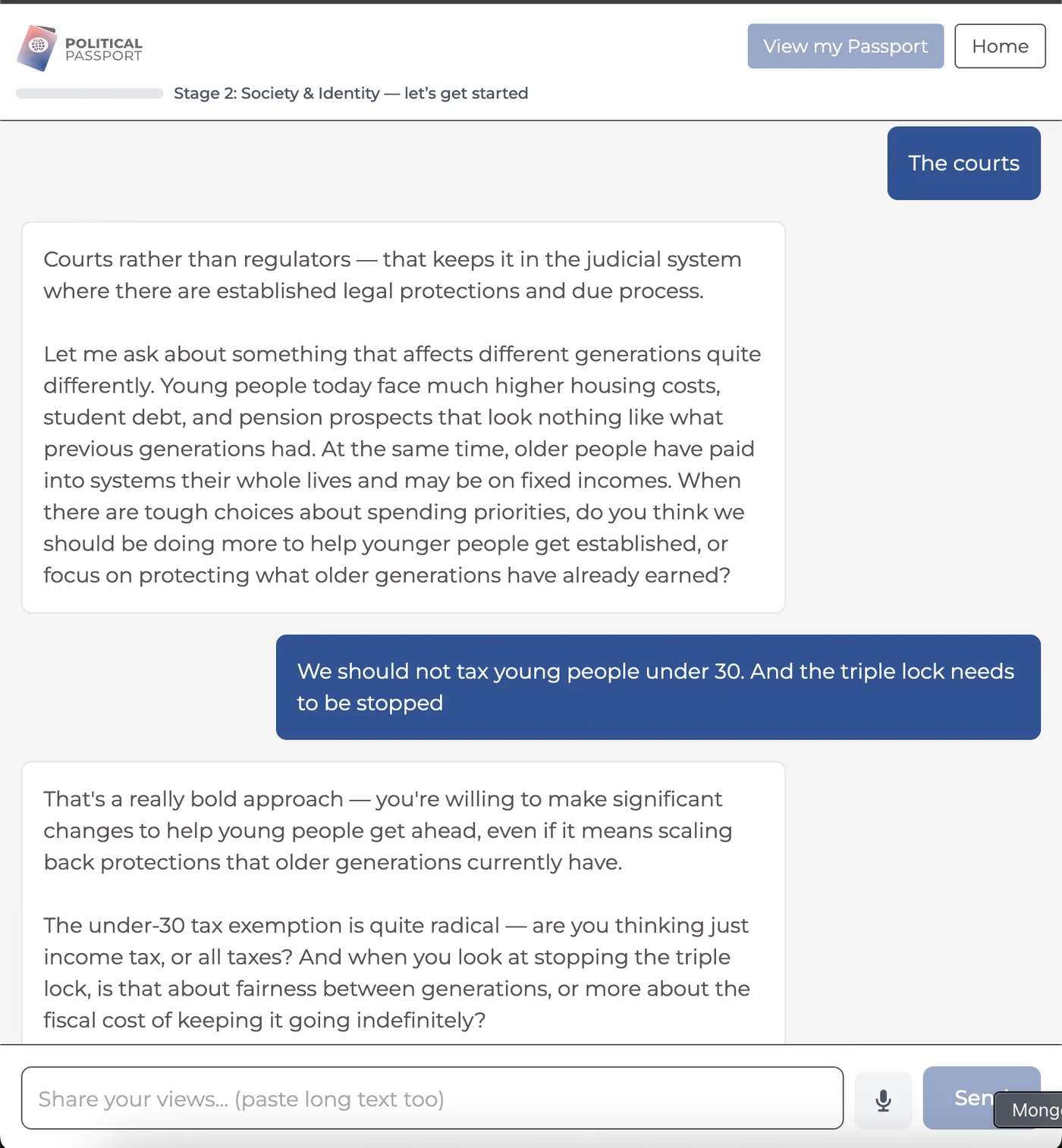 Screenshot of a PoliticalPassport conversation, in which the agent asks a nuanced question about generational tax fairness after the user says 'the courts'