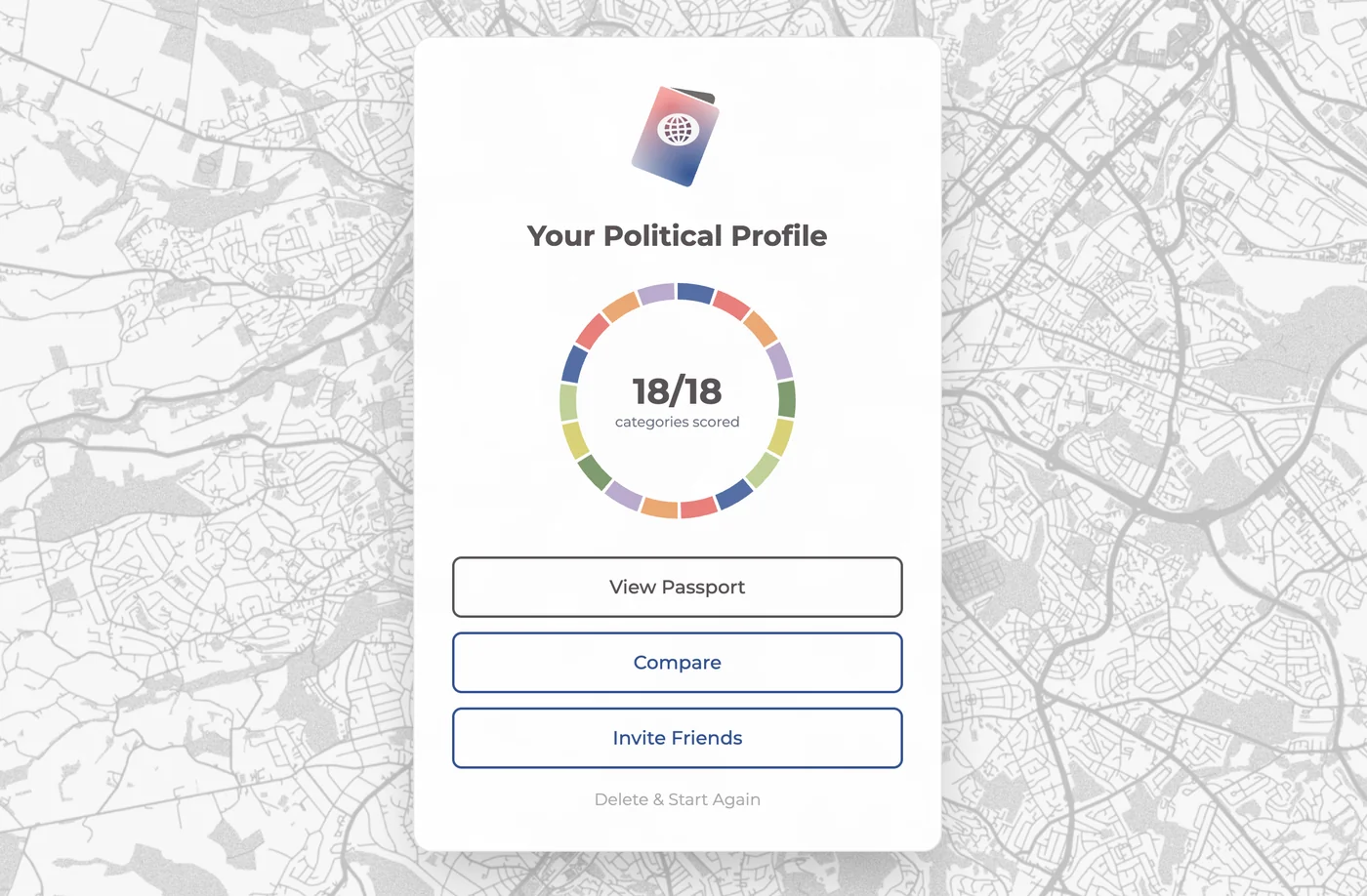 PoliticalPassport dashboard showing an 18/18 progress ring and buttons to view the passport, compare against parties, or invite friends