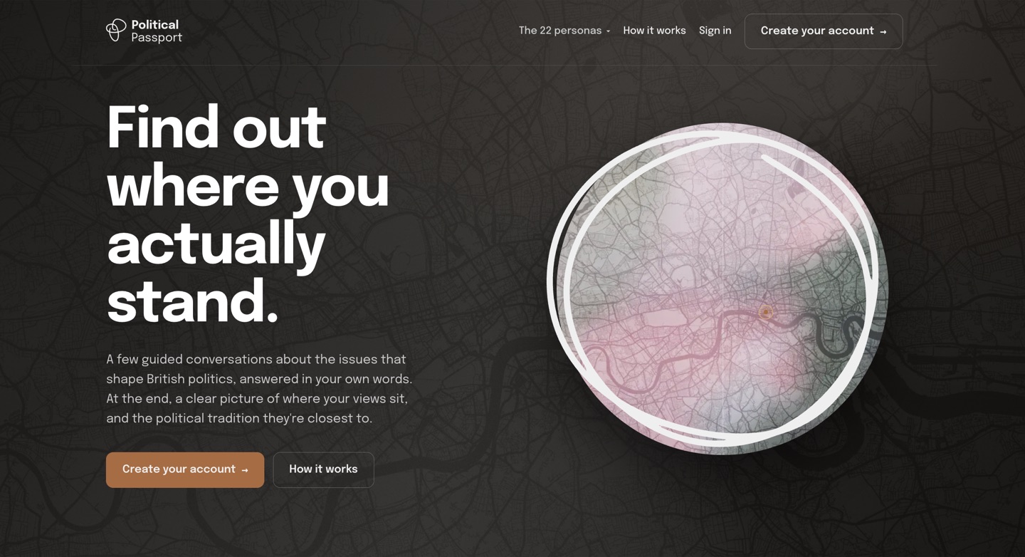 Political Passport landing page with the headline 'Find out where you actually stand' and a map of London inside a hand-drawn ring