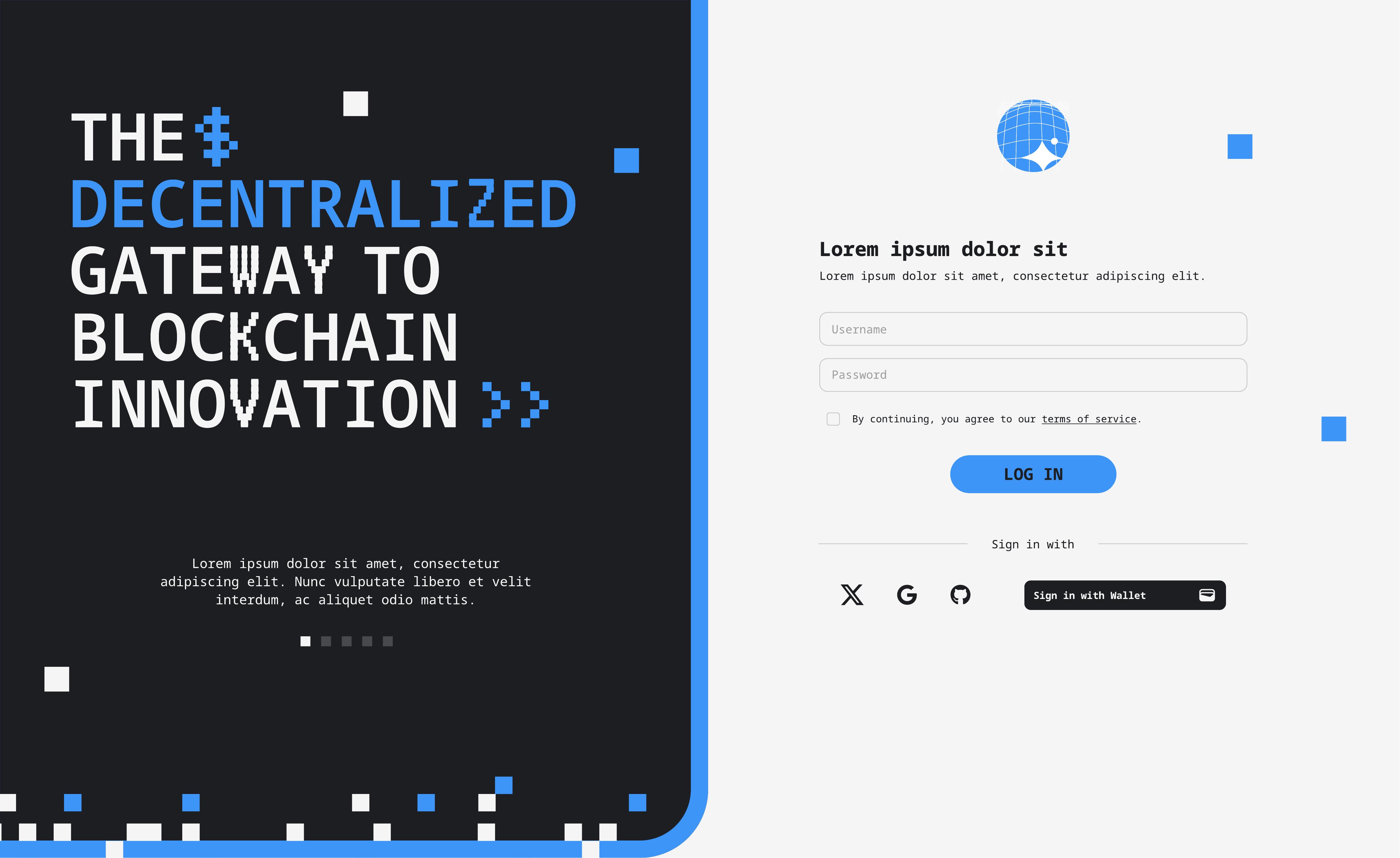 NodeTensor login screen — split layout with dark blockchain branding on the left and clean login form on the right