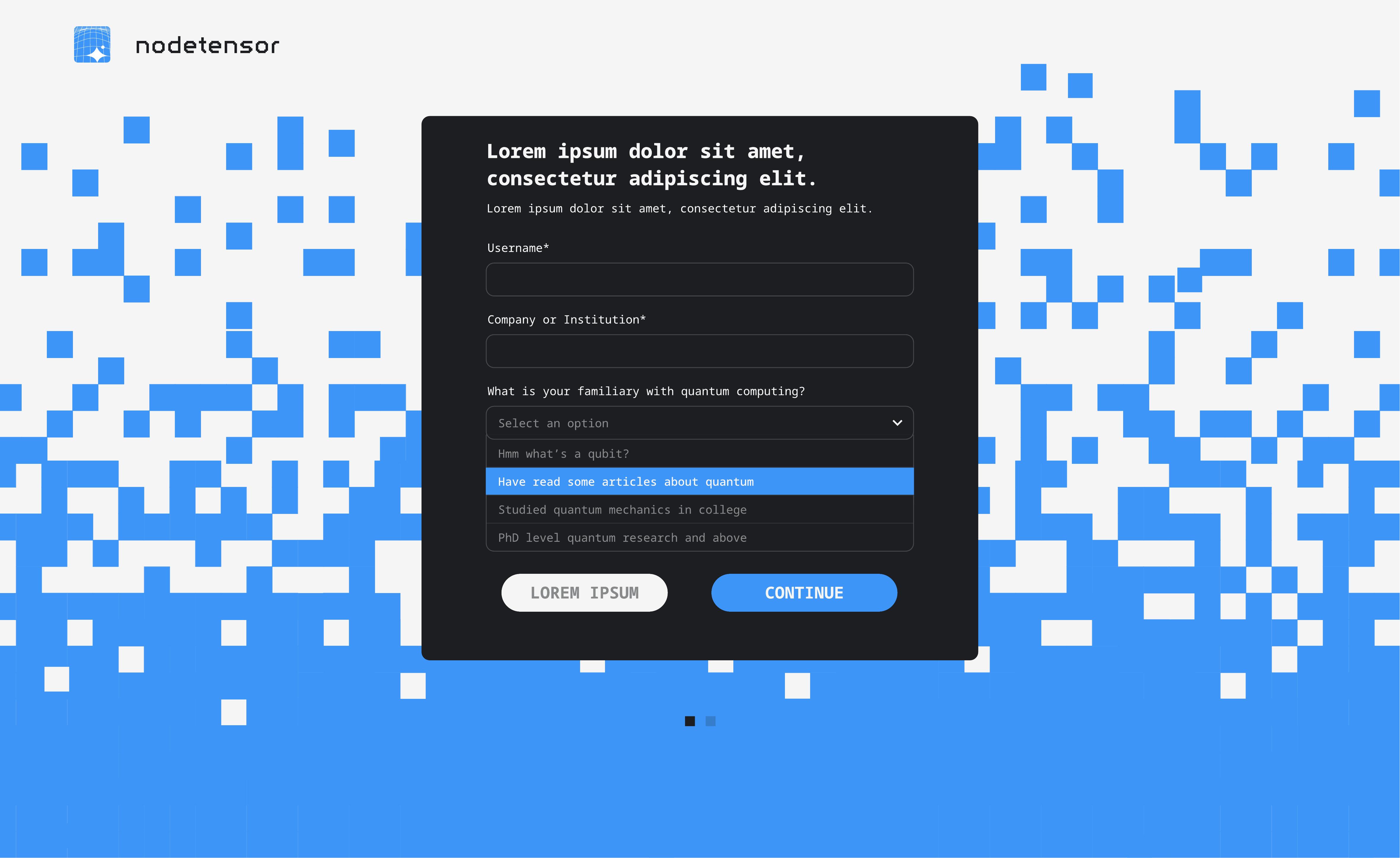 NodeTensor registration form — dark variant with blue pixelated background and quantum computing familiarity dropdown