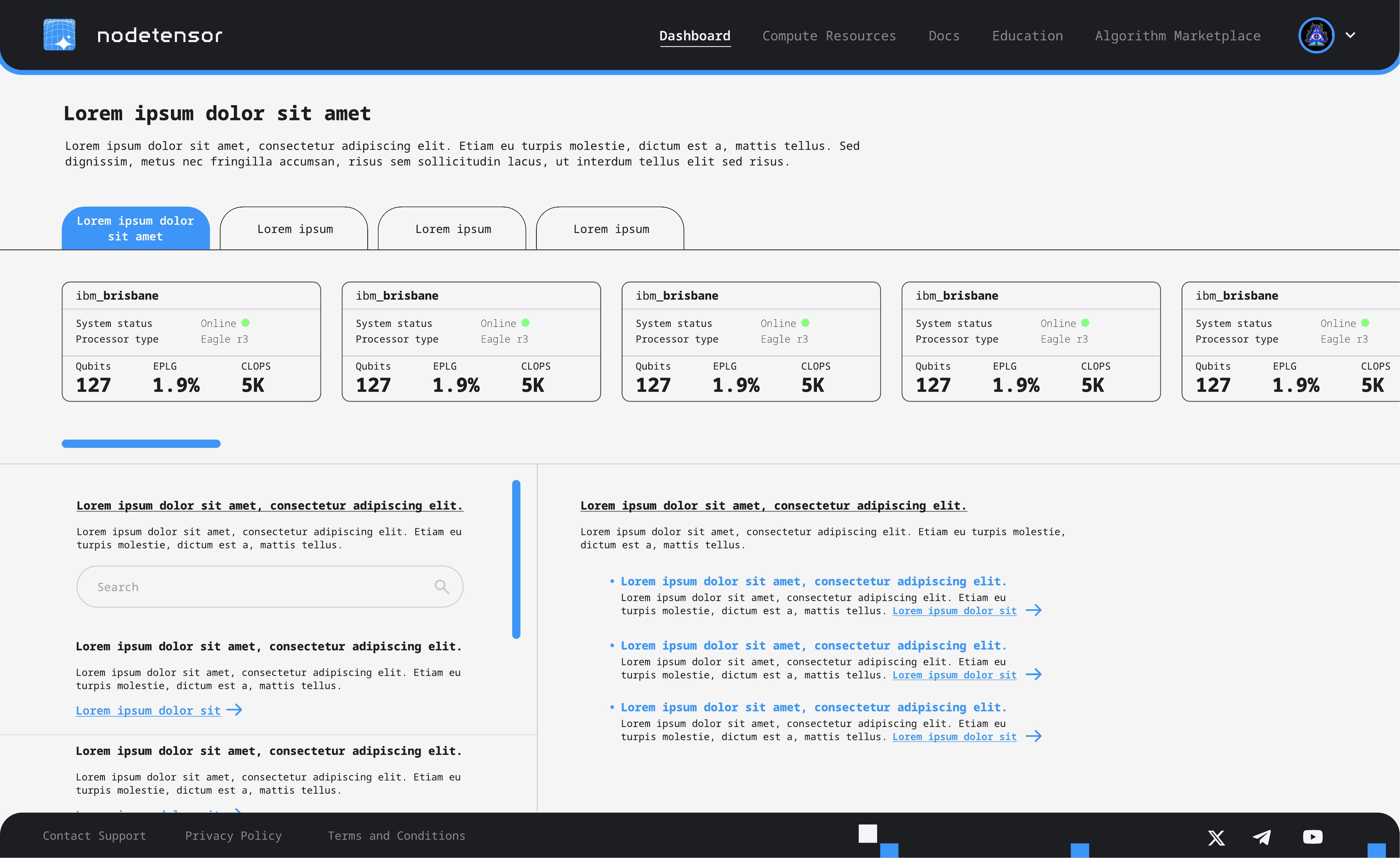 NodeTensor dashboard showing quantum computer status cards with qubits, EPLG, and CLOPS metrics, tabbed navigation, and resource documentation