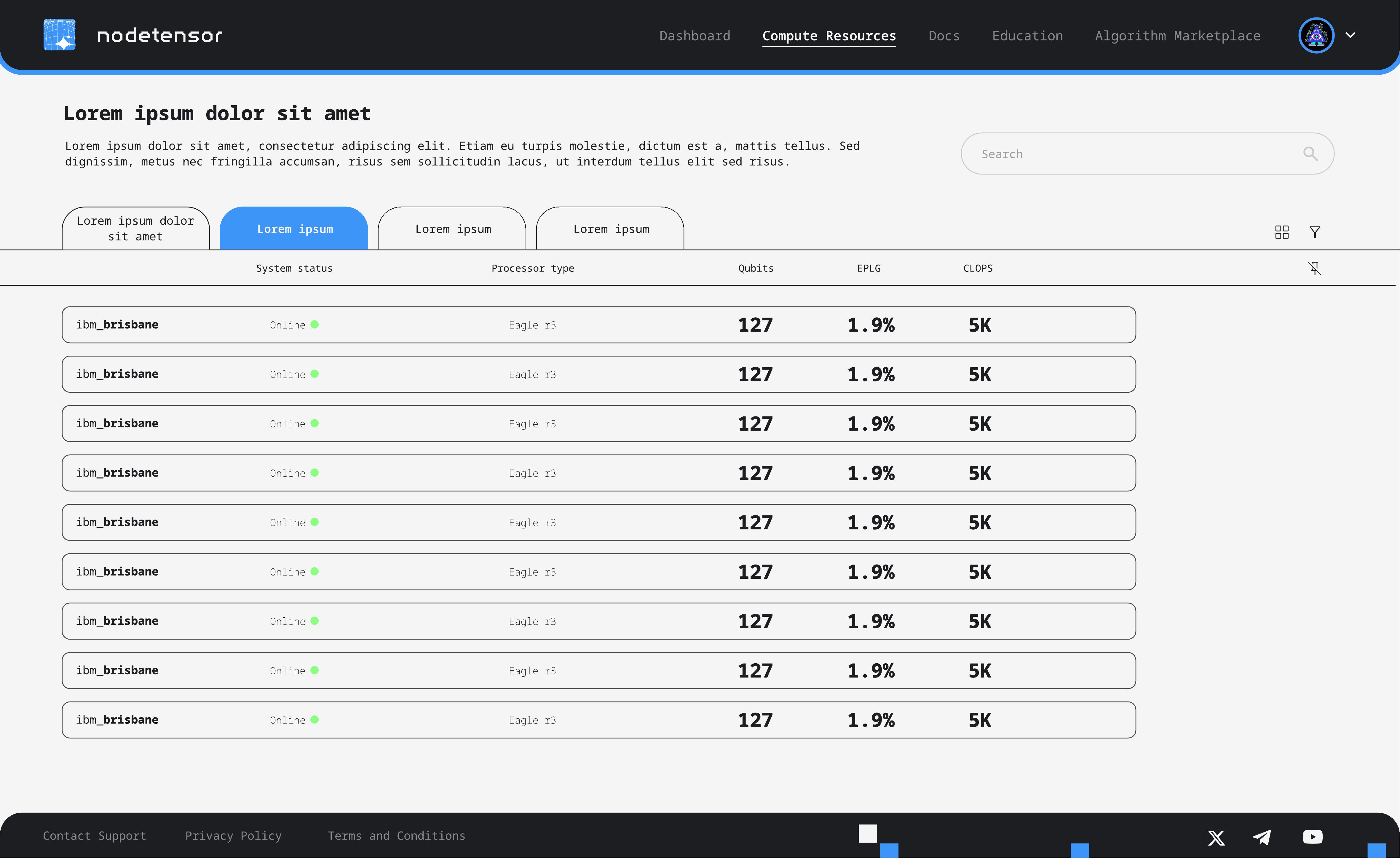 Compute resources in table view — sortable list of quantum processors with status, type, qubits, EPLG, and CLOPS columns