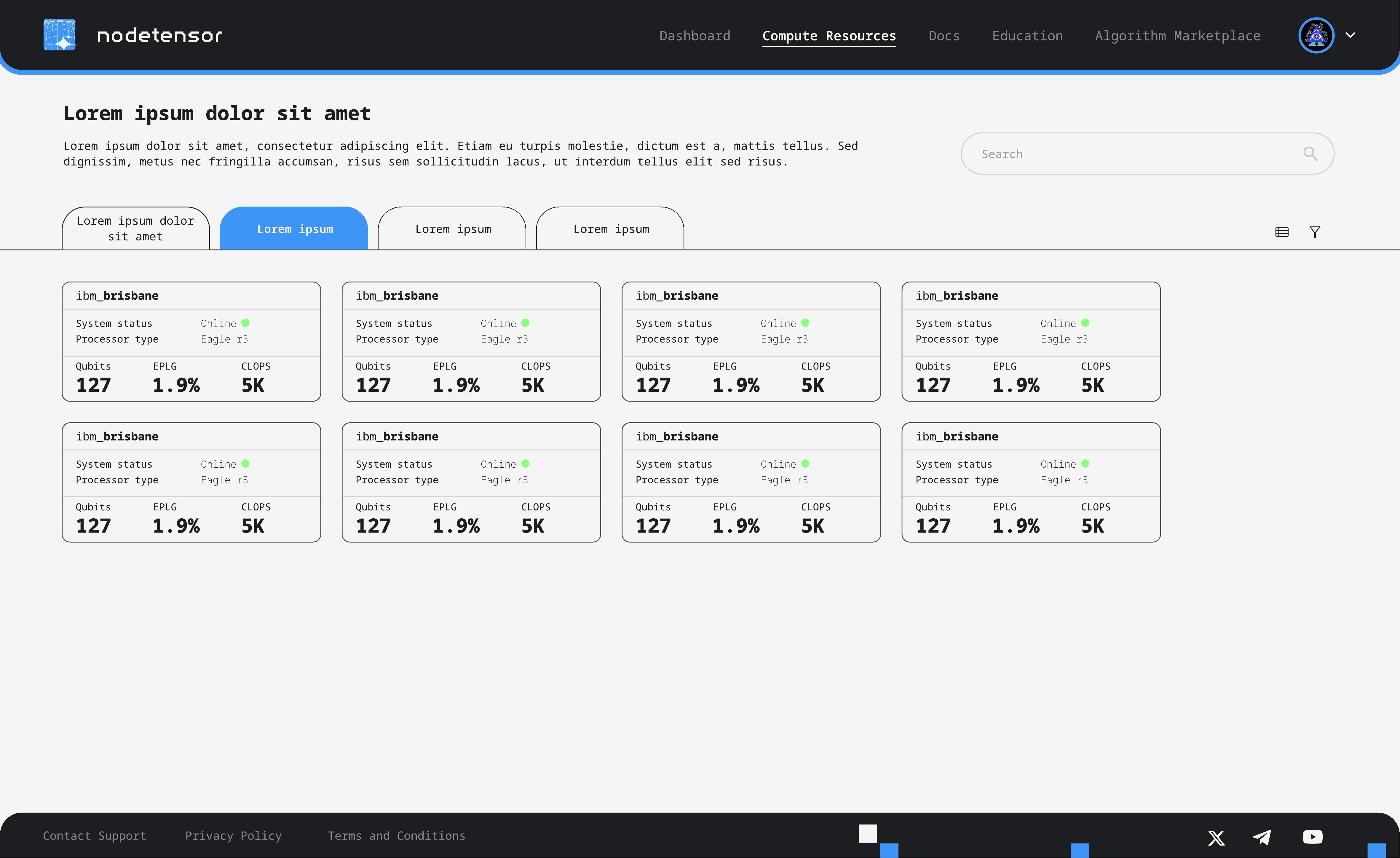 Compute resources in card view — grid of quantum processor cards with the same metrics in a scannable layout