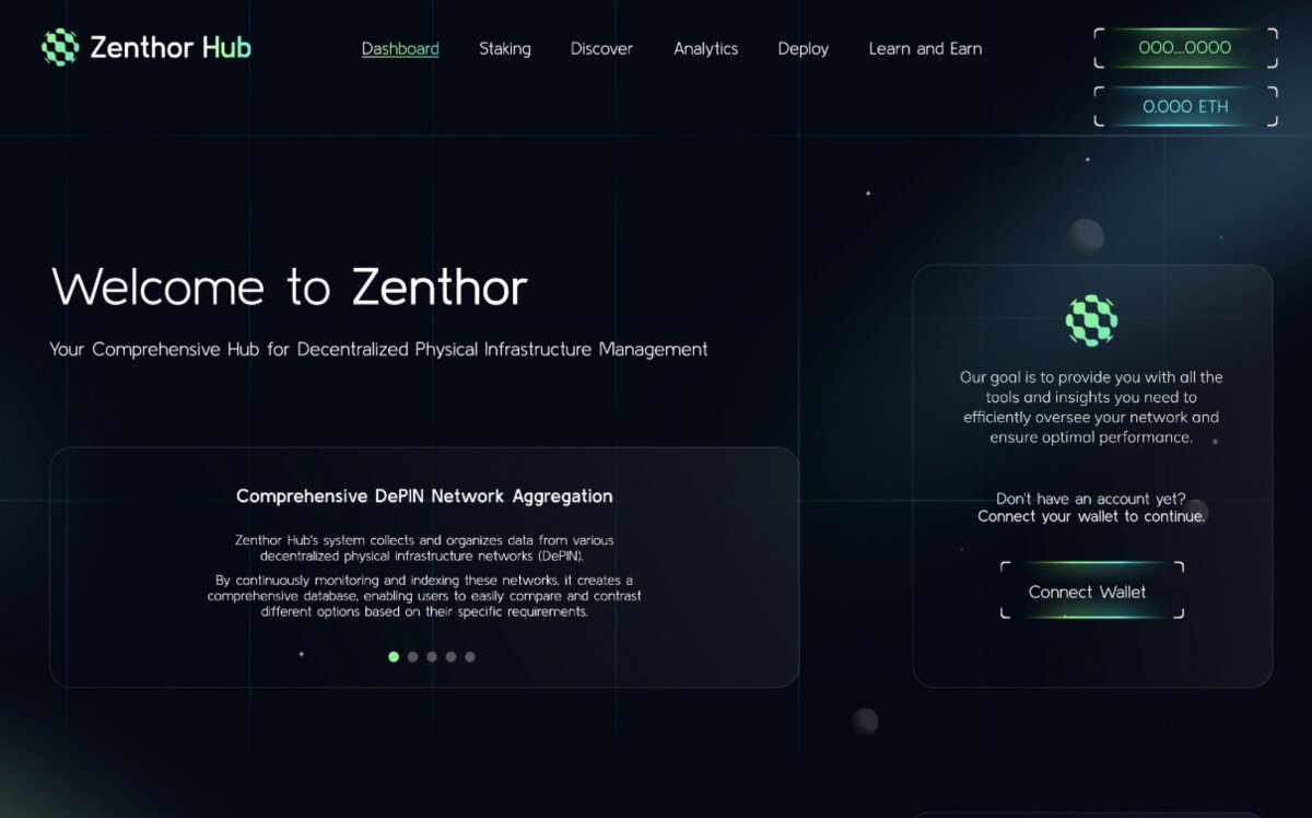 Zenthor Hub, a decentralised infrastructure management dashboard in dark theme