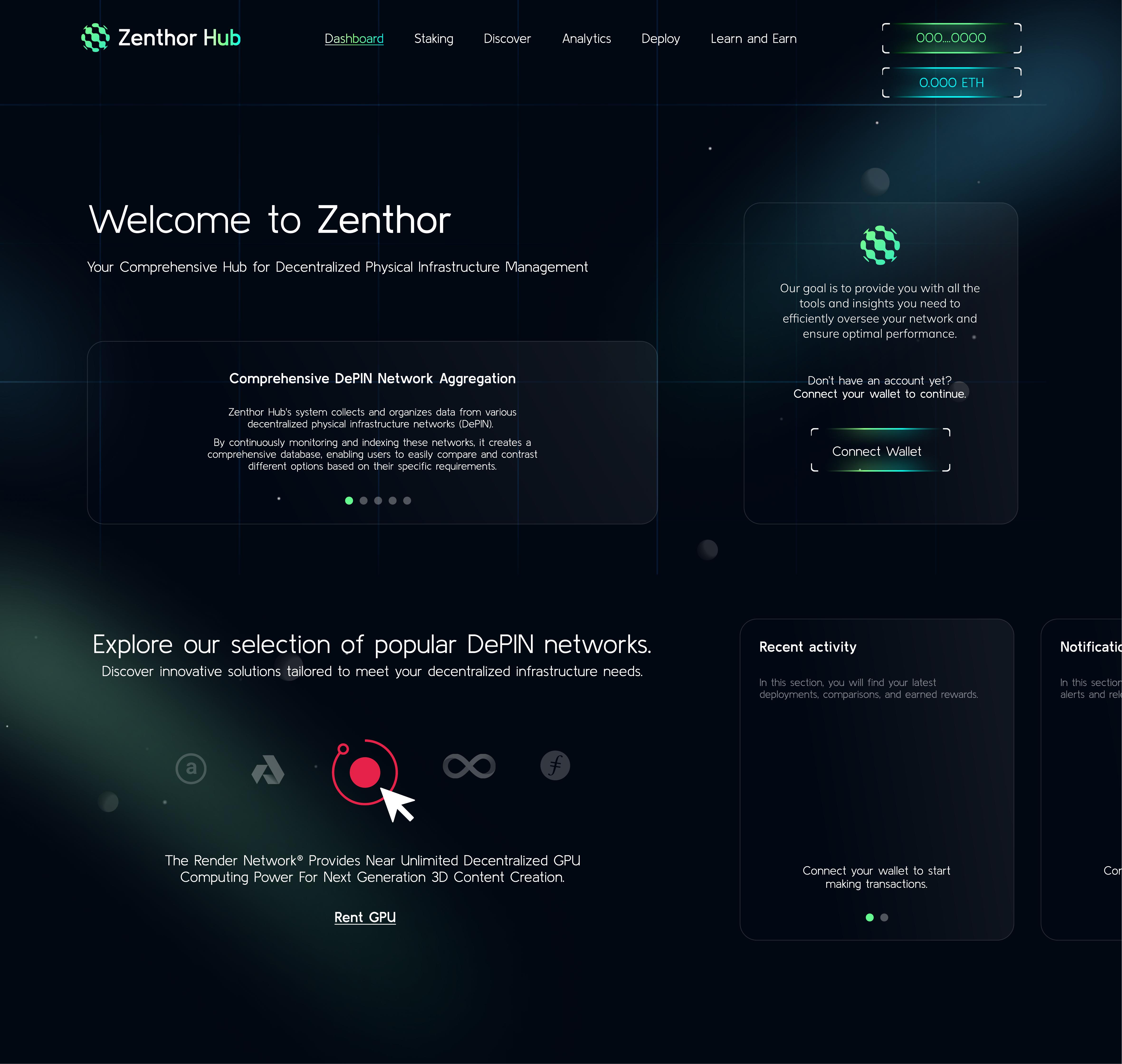 ZenthorHub dashboard — welcome screen with DePIN network aggregation carousel, wallet connection panel, popular networks with interactive icons, and recent activity feed