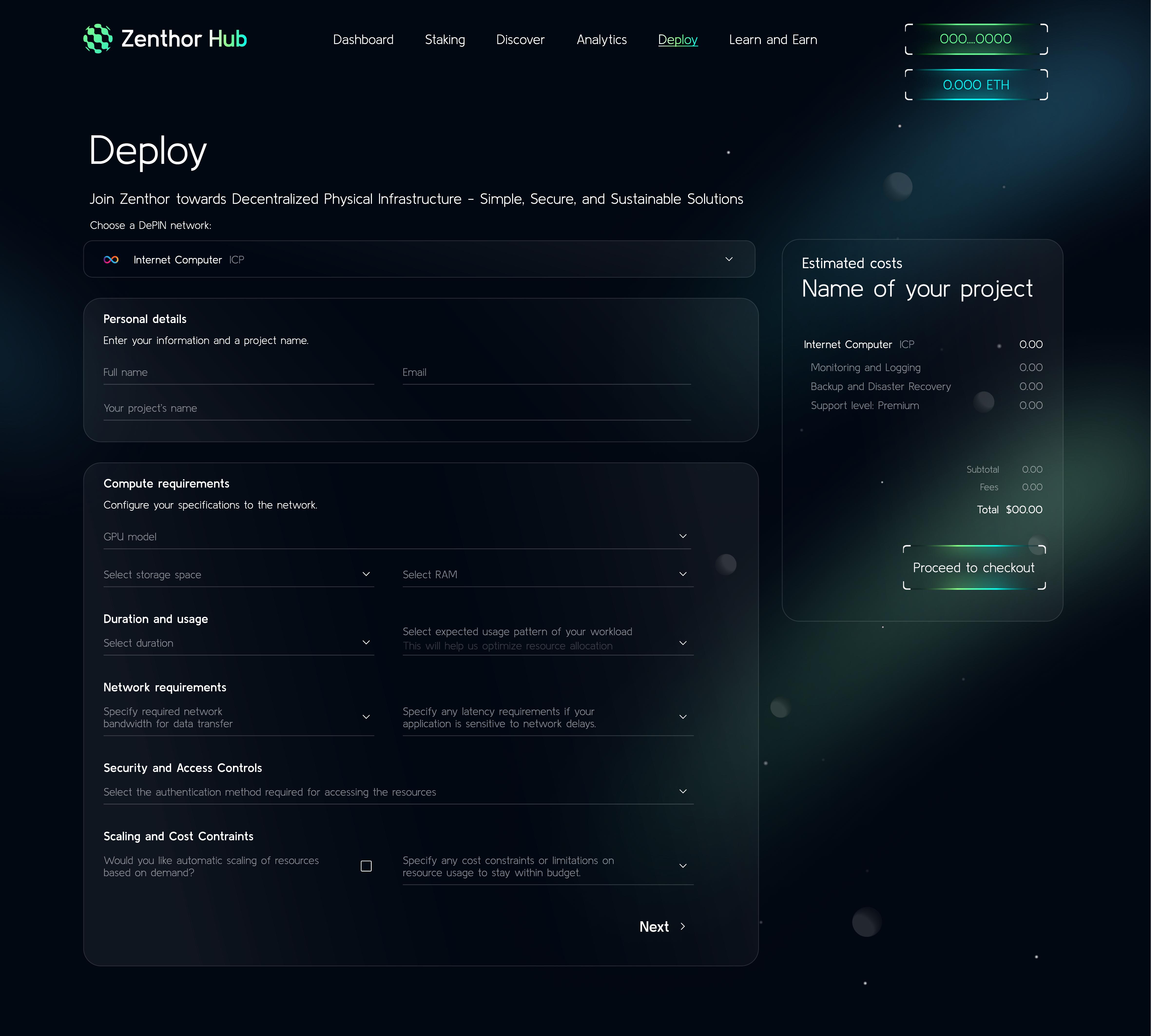 Deploy flow for Internet Computer — compute configuration with GPU model, storage, RAM, duration, network requirements, and scaling options