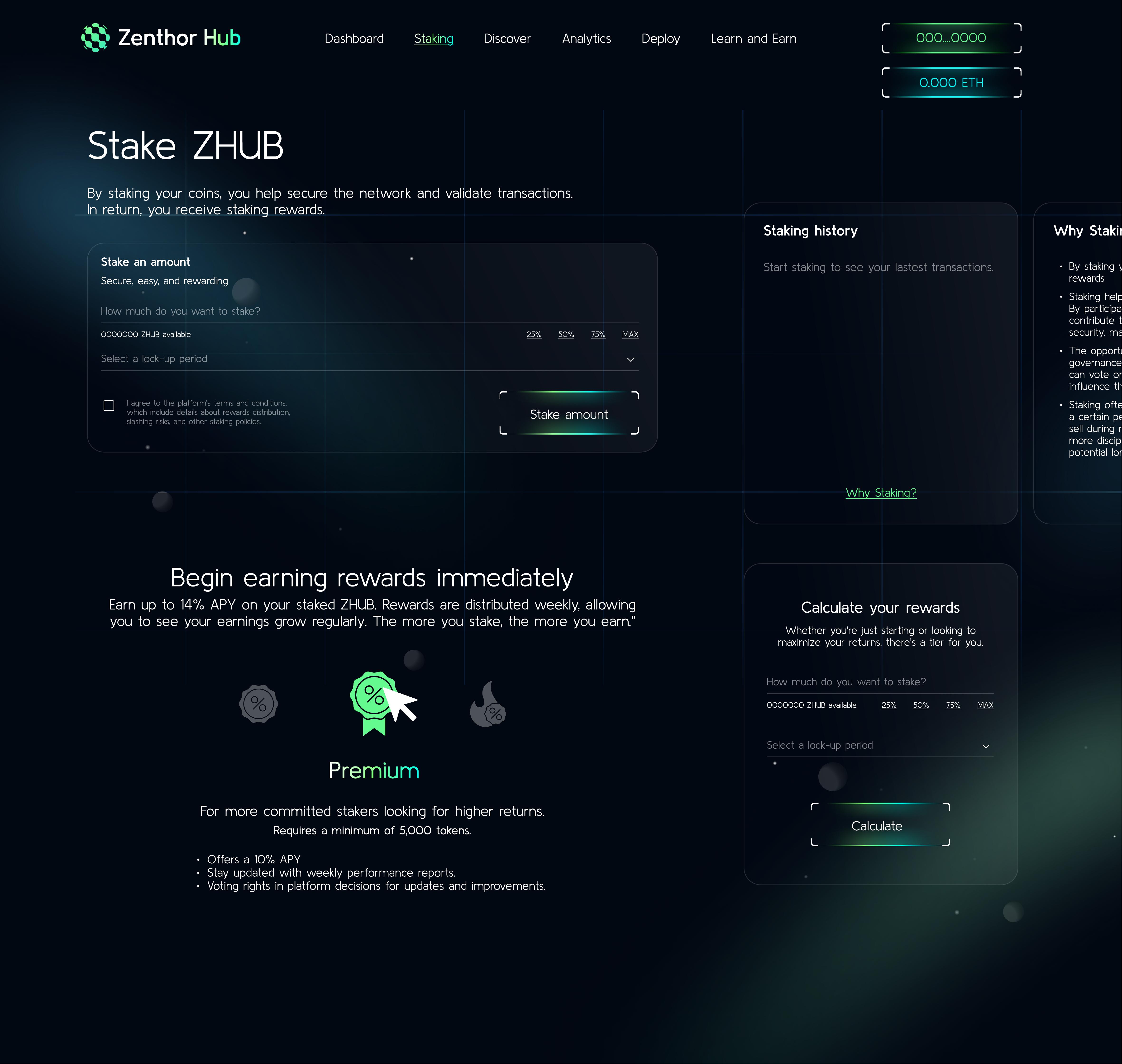 ZenthorHub staking page — stake ZHUB panel with amount input and lock-up period, staking history, rewards tiers with APY rates, and interactive rewards calculator