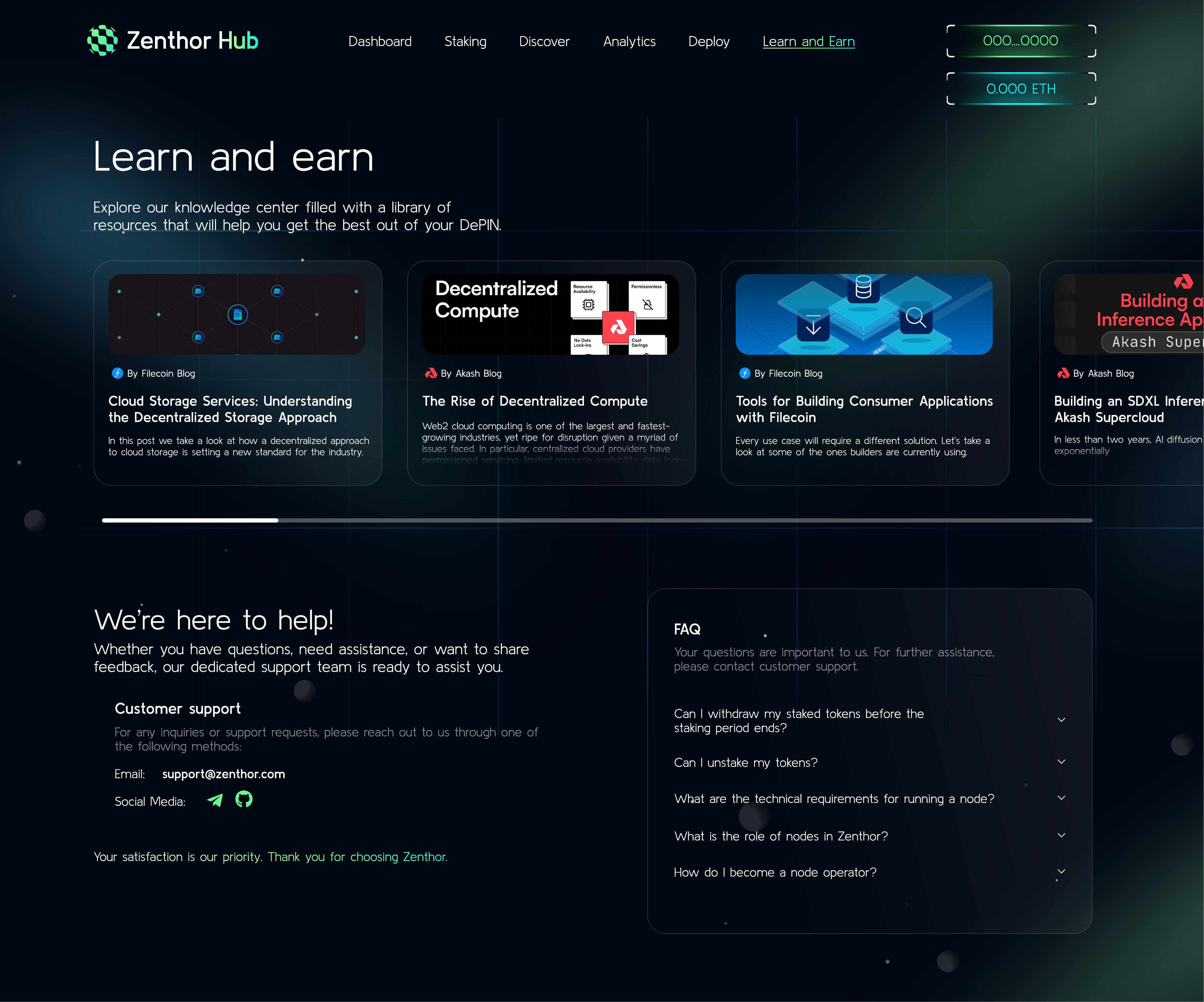 ZenthorHub Learn and Earn page — knowledge centre with partner blog cards, customer support contact details, and FAQ accordion